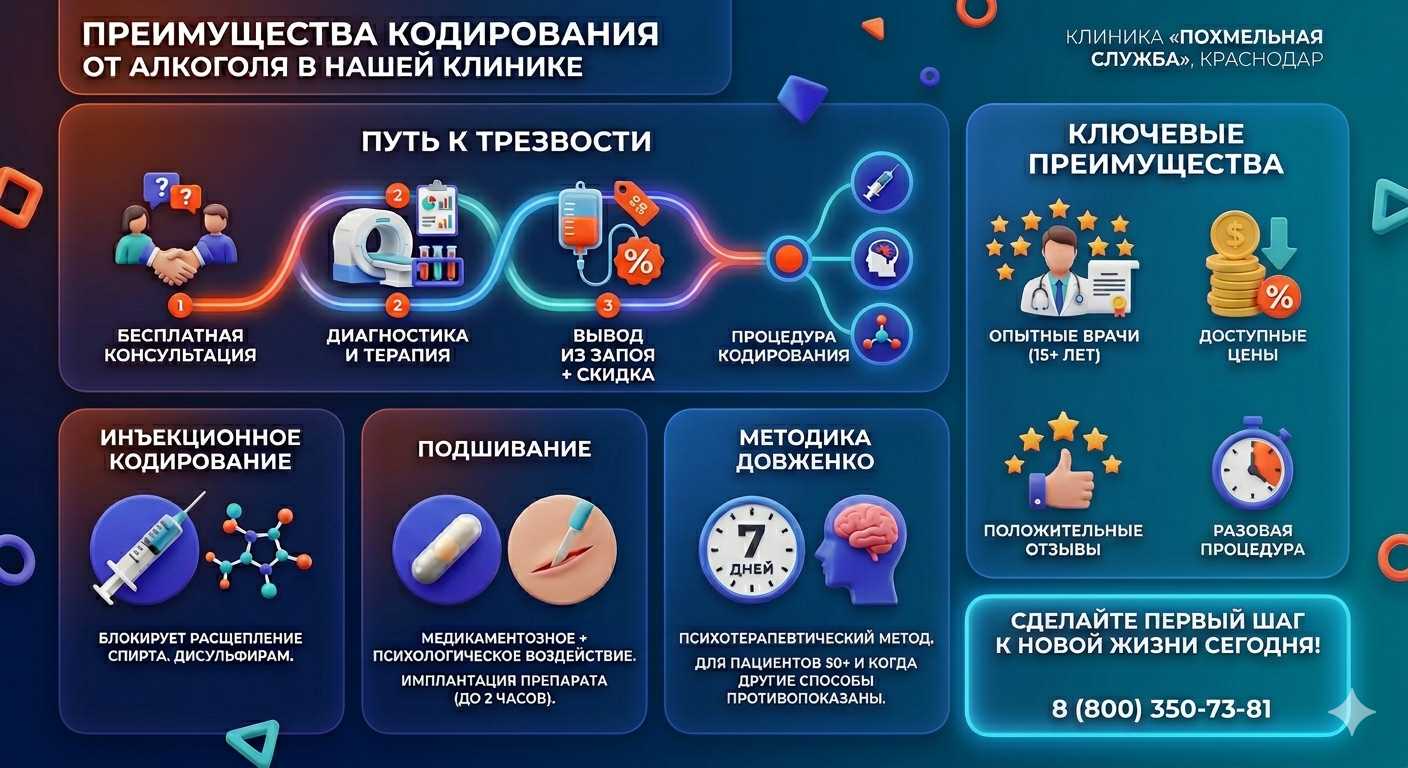 Инфографика о методах кодирования от алкоголя в Суворове: инъекции, подшивание, метод Довженко. Преимущества клиники и этапы лечения.