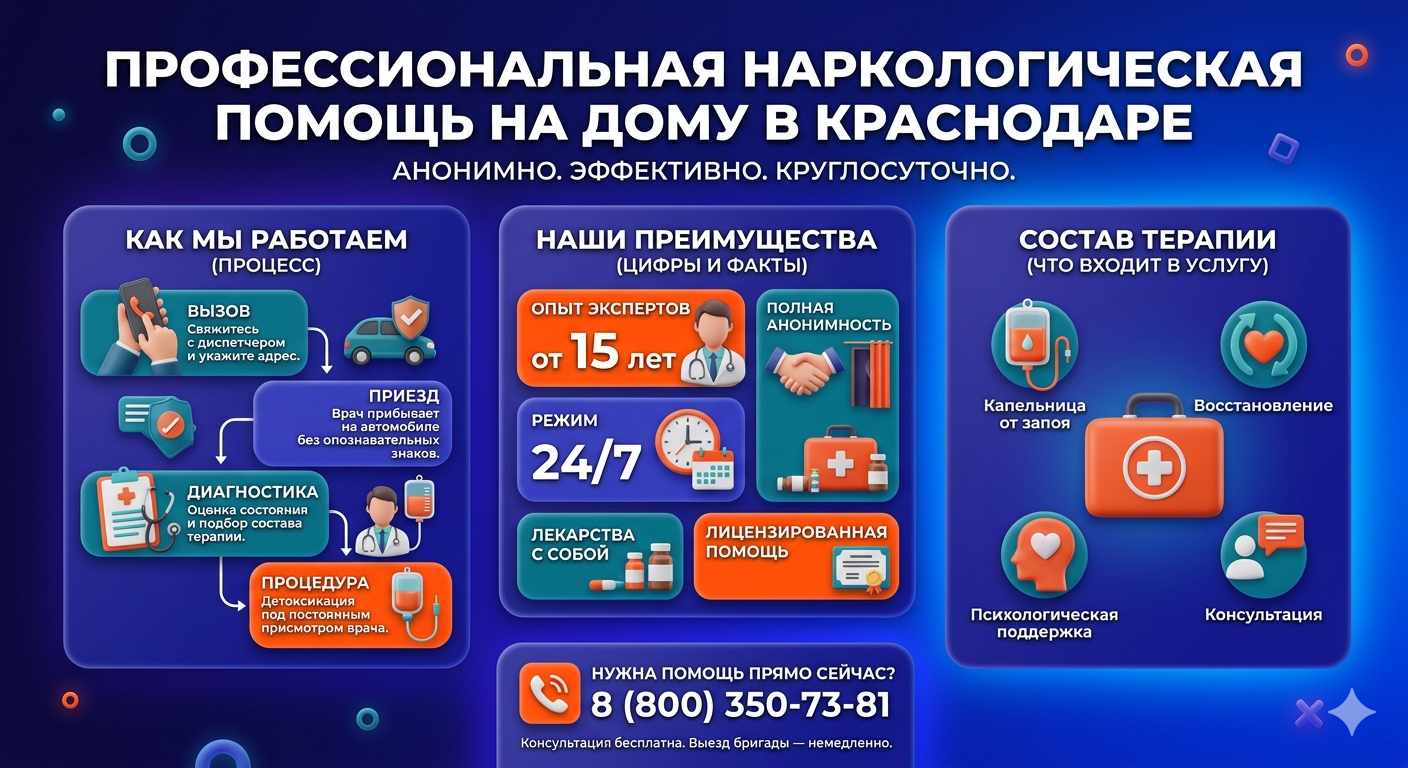 Инфографика о принципах лечения алкоголизма на дому в Суворове: этапы вызова нарколога, преимущества анонимной детоксикации и состав медицинской помощи.